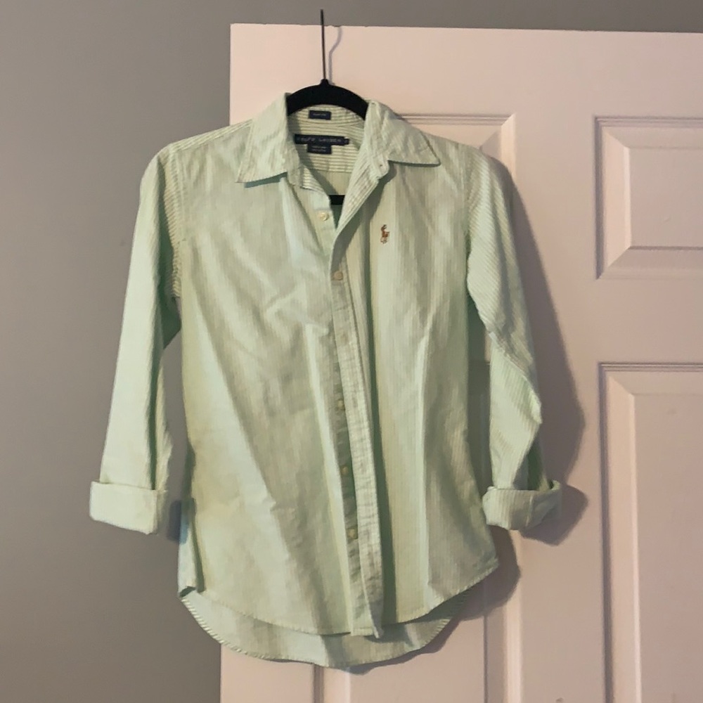 Green and white striped button down
